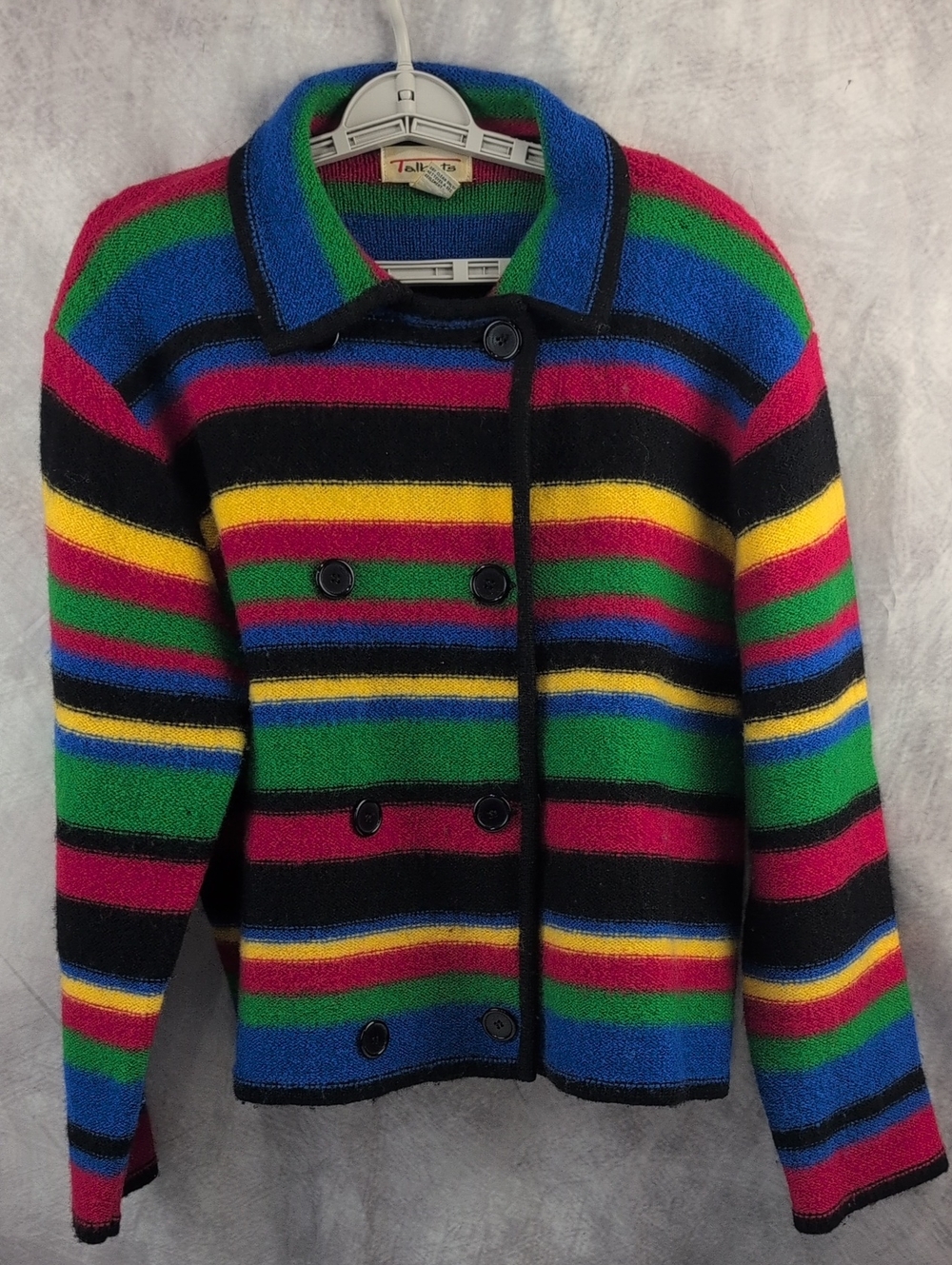 Vintage Talbots 100% Wool Rainbow Striped Jacket Cardigan Sweater Large